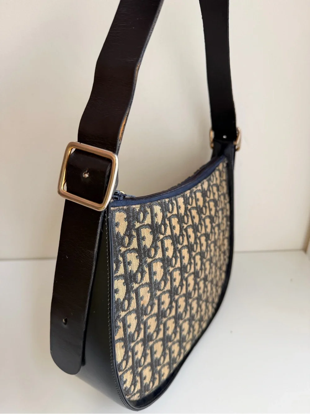 Authentic Christian DIOR Trotter Canvas Oblique Navy Leather Hobo Bag